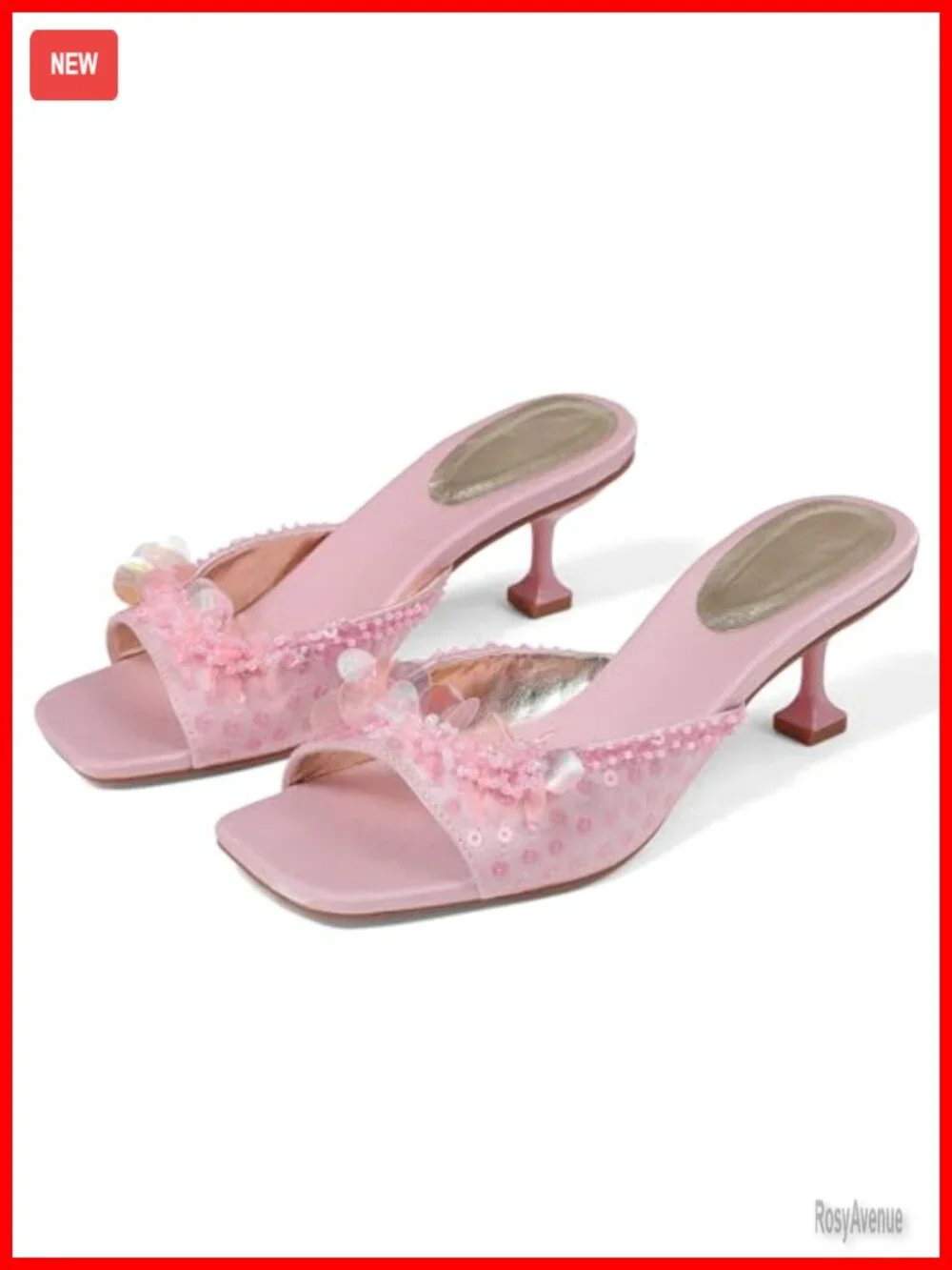 Stiletto Low Heeled Mule Sandals Sequin Square Toe Slip On Trendy Party Wedding